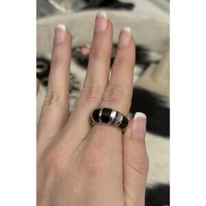 Native American 1988 ChaRay Sterling Silver Inlaid Onyx Turquoise Coral MOP Ring